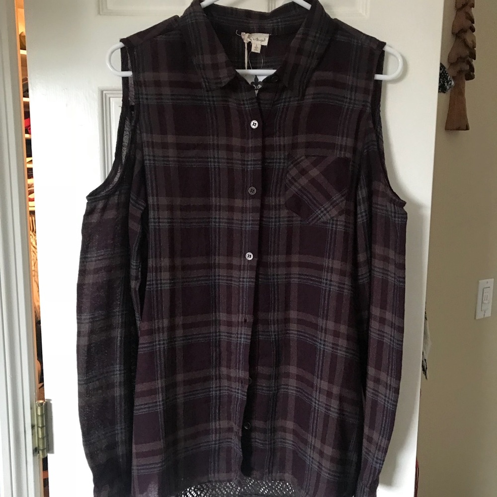 Flannel top with shoulder cut outs and sheer back